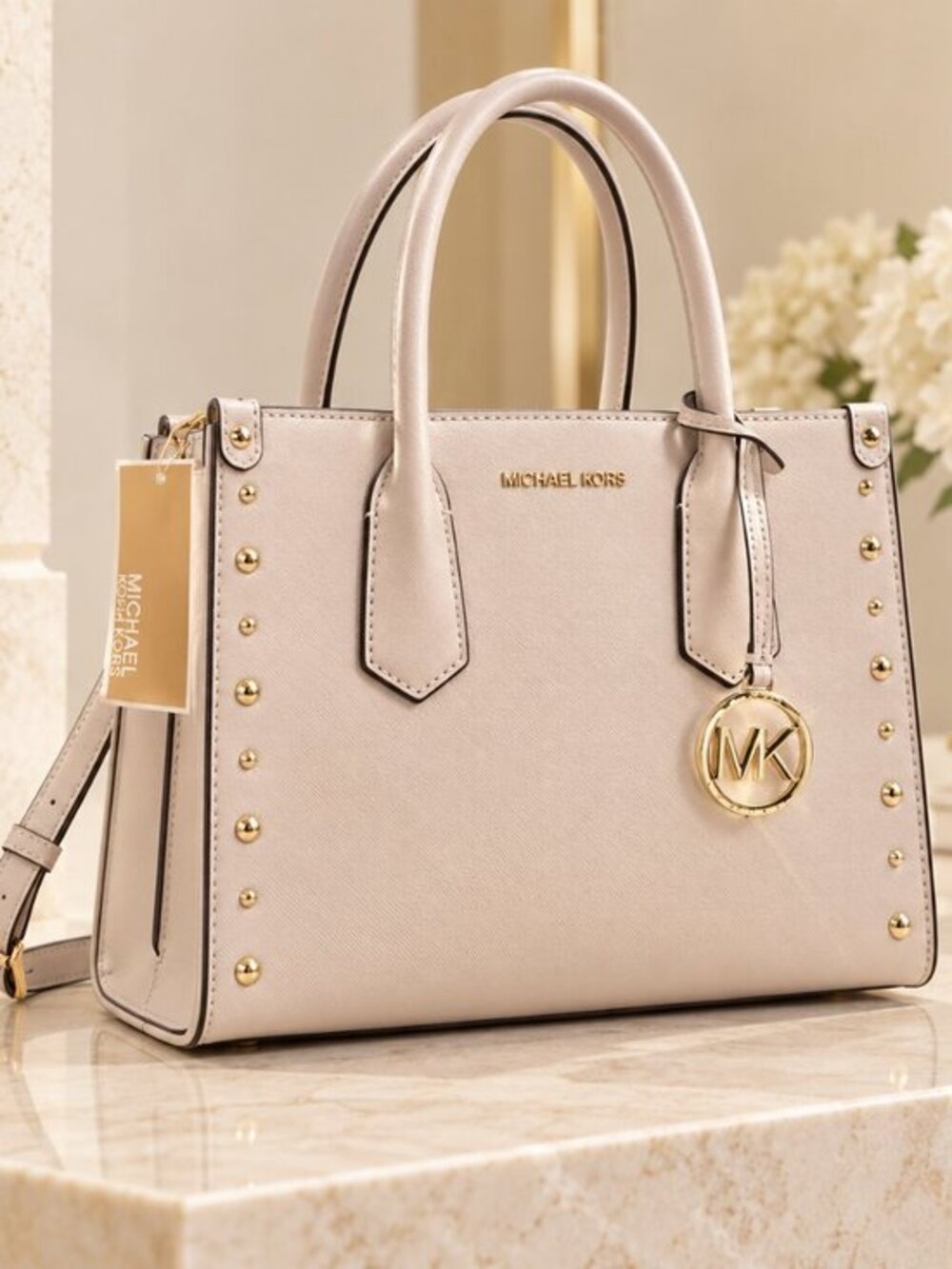Michael Kors Maple White Studded Leather Satchel Crossbody Small Tote NWT
